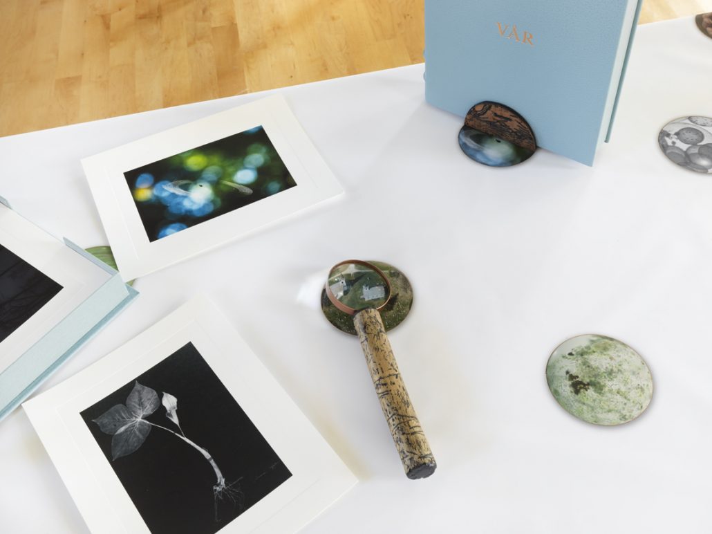 Vår Clamshell Portfolio. Leather, pigmented ink fabric, book cloth. 9.5"w x 12"h x 2"d. 2015. Book stand. Copper, leather. 4"w x 2"h x 2.5"d. 2017. Vår Tablecloth. Pigmented ink on satin. 44" x 84". 2017. Magnifying lens 3. Wood, rubber. 12"h x 2.75"w x 1"d. 2017. Embossed photographic prints. 8.5" x 11". 2017