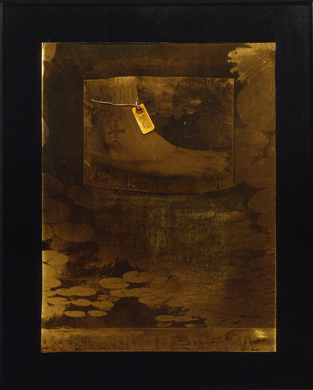 River Crossing. Toned gelatin silver print, varnish, twine, tag. 25" x 31". 1998